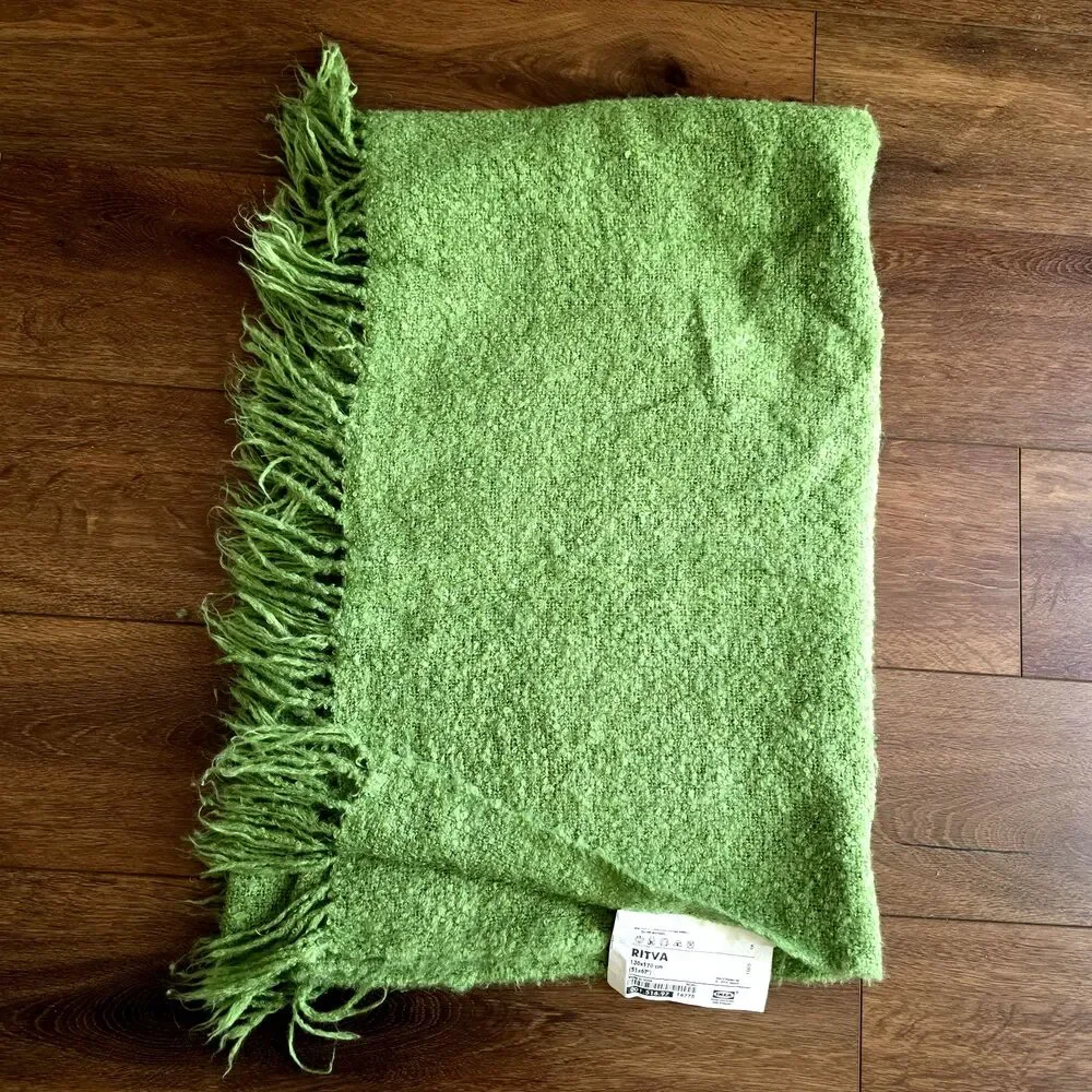 IKEA Throw Blanket 51x67 Mohair Blend Green Fringe Ritva 001.516.97 SOFT
